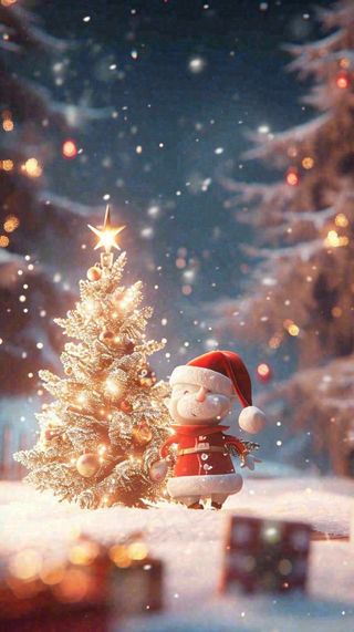 冬天圣诞节下雪圣诞树雪人礼物，冬季暖光