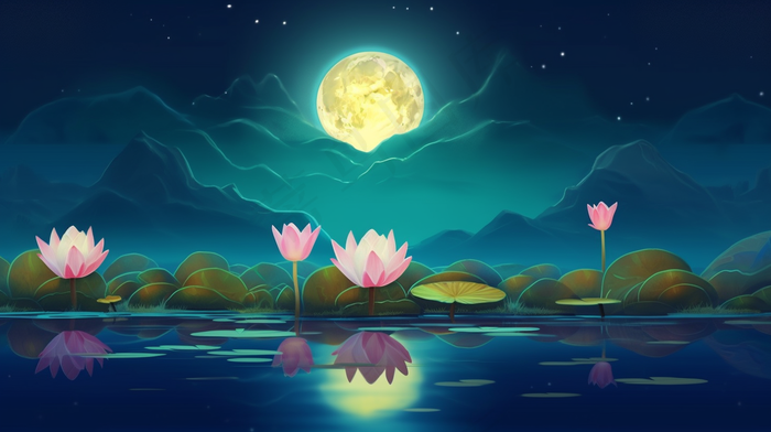 夜晚圆月下的荷花莲花湖泊山川插画素材(4368x2448)
