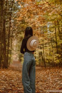 秋天树林美女背影图片