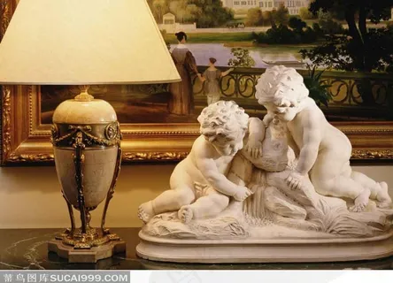 欧式古典雕塑设计-泉水边的两个小孩和台灯