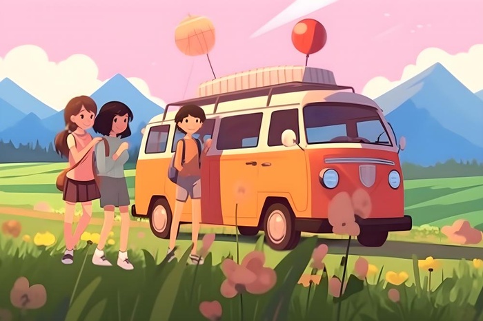 开车旅游草原花草人物卡通插画背景(3600x2400)