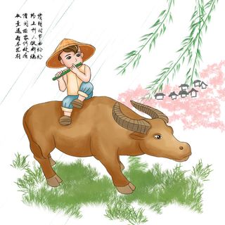 清明清明节卡通牧童吹笛子