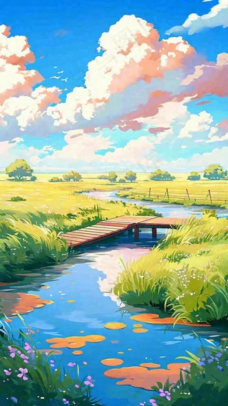 春天草坪河流小溪蓝天白云清新阳光手绘插画，立春春分