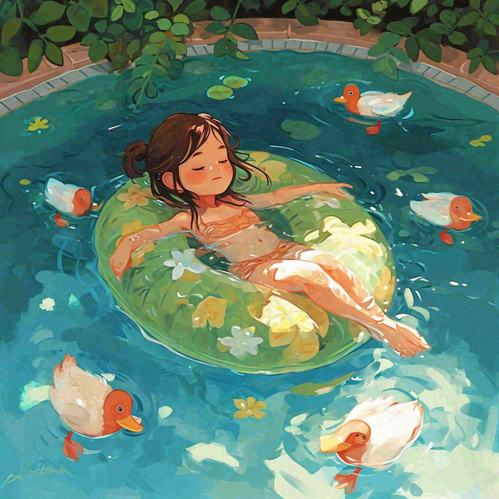 泳池游泳戏水池塘鸭子动物玩乐，阳光夏天暑期