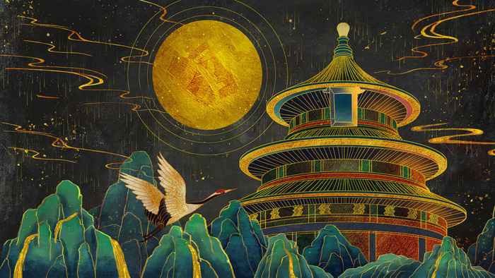 复古中国风国潮手绘烫金仙鹤锦鲤凤凰建筑黑金线描插画PS设计素材