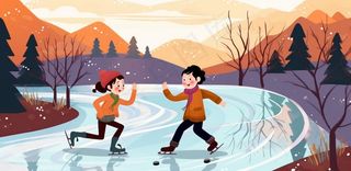 冬季在冰湖上滑冰的孩子儿童卡通插画背景