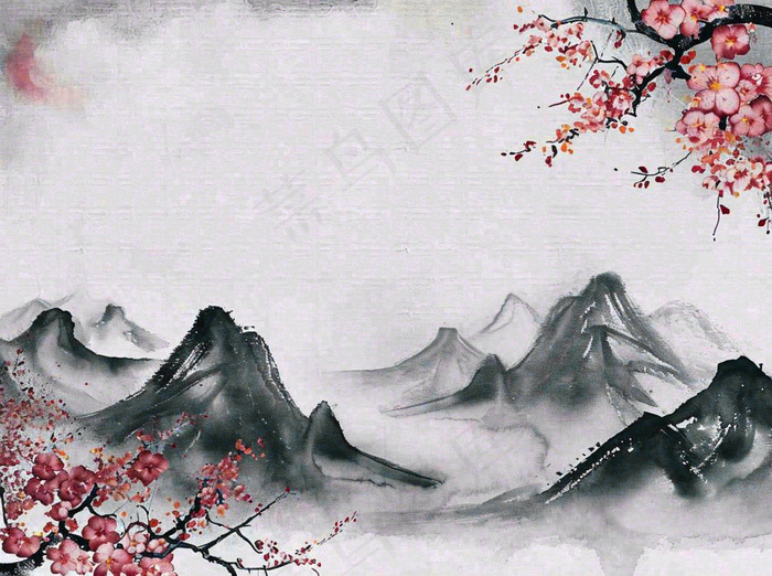 中国风水墨山水画，山脉枝叶花朵手绘插画(1264x944)