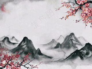 中国风水墨山水画，山脉枝叶花朵手绘插画