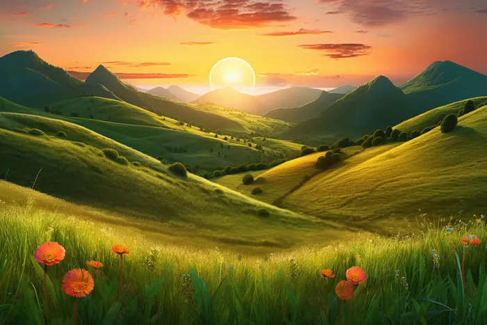 绿色田野在美丽的日落霞光下长出杂草在的阳光明媚的山景插画背景(4032x2688)