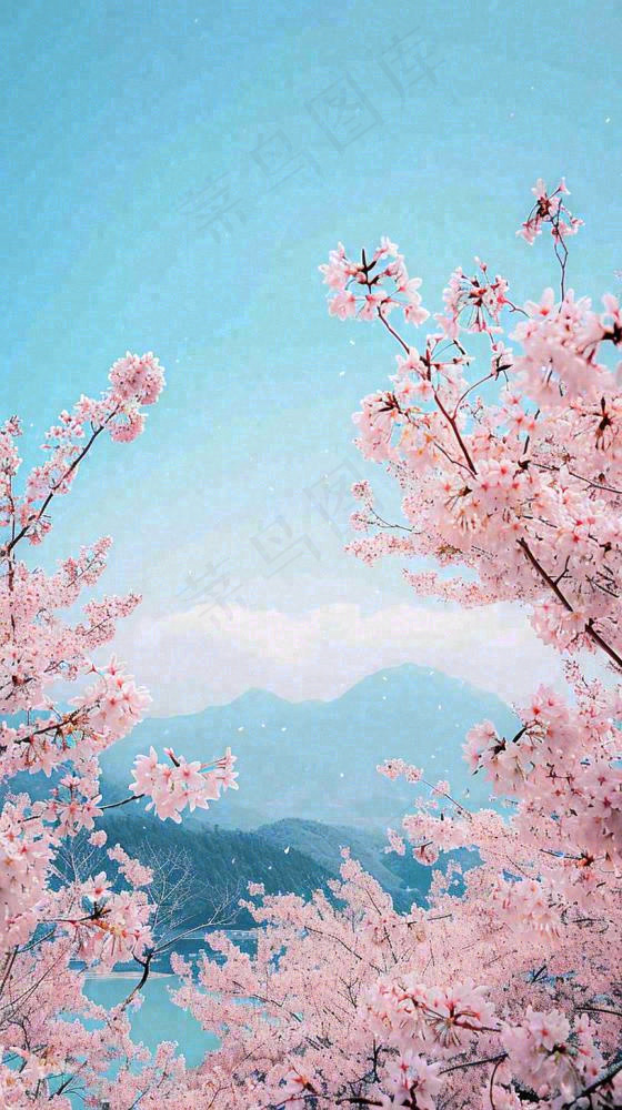 春天山河边蓝天粉色樱花花朵，惊蛰立春(816x1456)