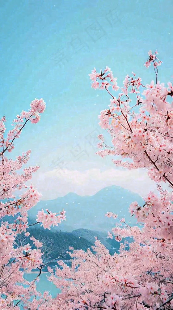 春天山河边蓝天粉色樱花花朵，惊蛰立春(816x1456)