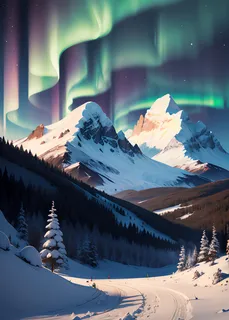 北极极光小路星空梦幻风景插画