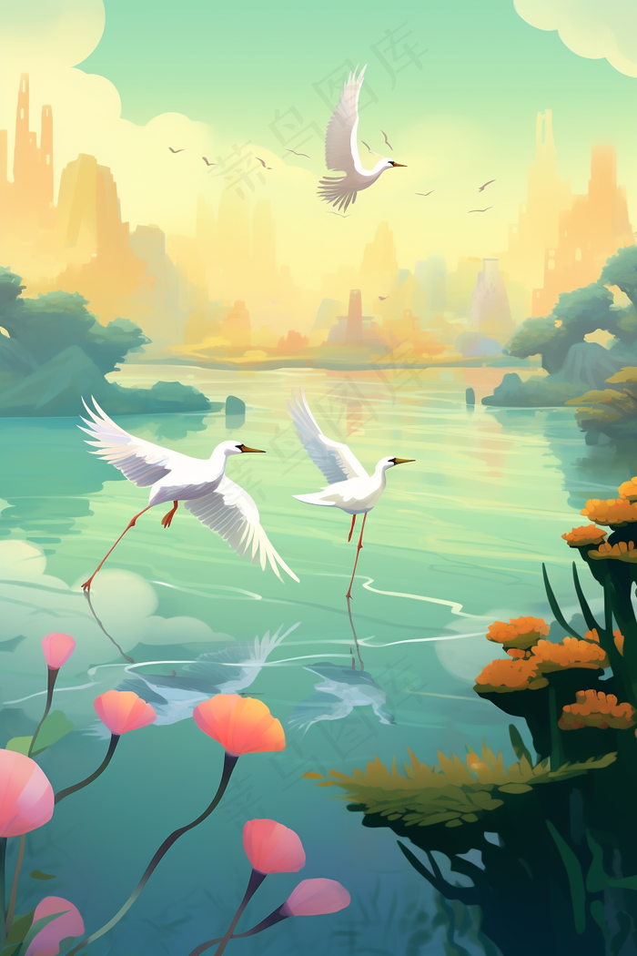 秋季湖水*飞驰的白鹭鹤重阳插画背景(x)