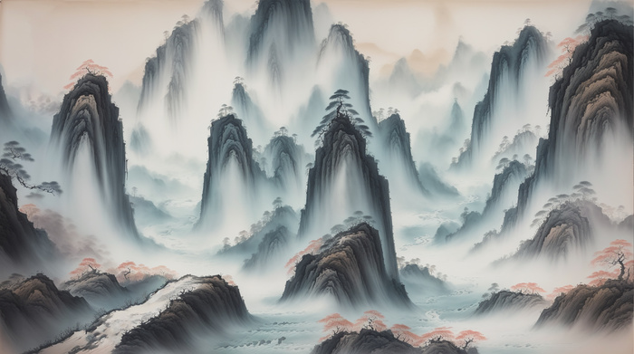 大气写意中国传统工笔画山水插画壁纸-壁立千仞