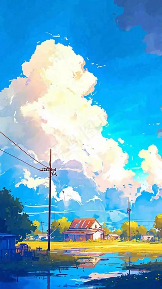 春天乡村河流倒影草地蓝天白云小屋手绘插画