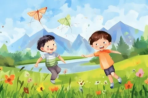 儿童孩子们大自然草原森林游玩卡通背景