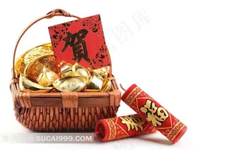 鞭炮与篮子里的金元宝近景喜庆摄影高清图片