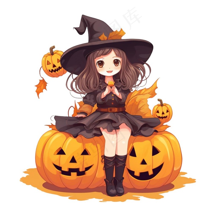 万圣节女巫南瓜灯捣蛋卡通插画免抠