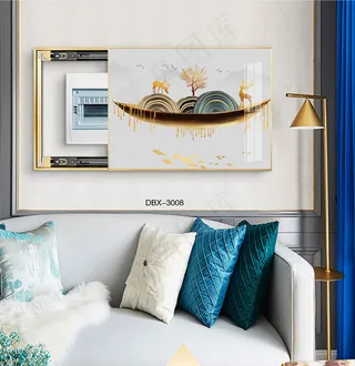 大气时尚家居室内装饰场景客厅沙发卧室床铺电表箱壁画背景图几何图形金鹿