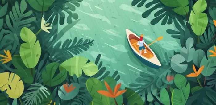 卡通插画湖面植物划船游湖背景(1568x768)