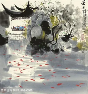 吴冠中水墨凉亭湖水风景画