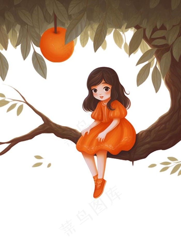 坐着橘子树上的女孩少女卡通插画免抠(960x1264)