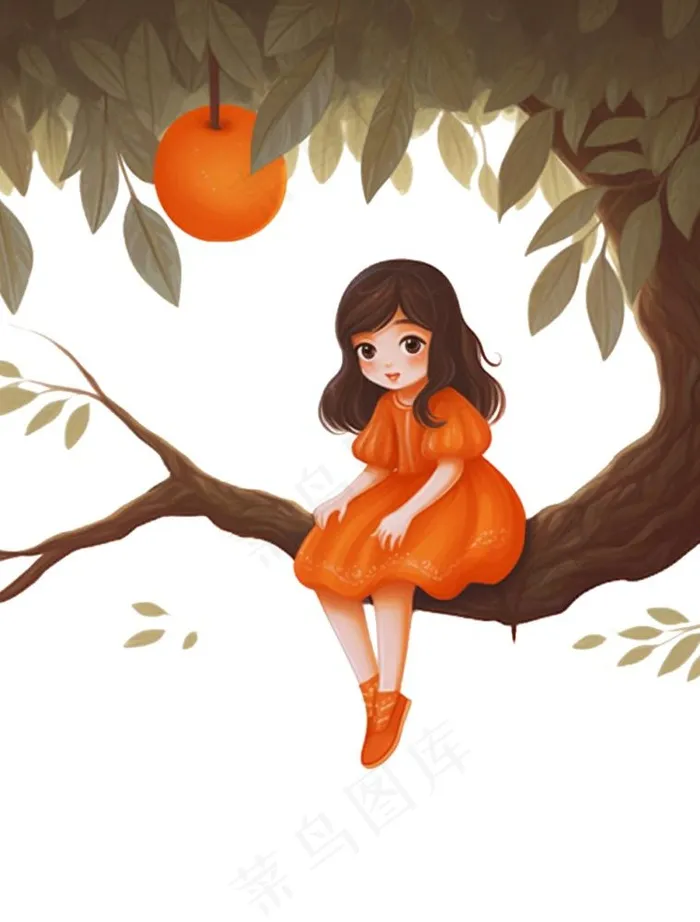 坐着橘子树上的女孩少女卡通插画免抠(960x1264)