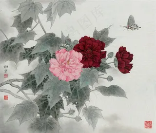 红艳工笔芙蓉国画