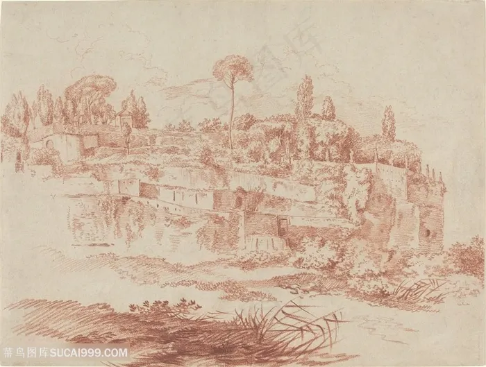 简约建筑素描风景画装饰画