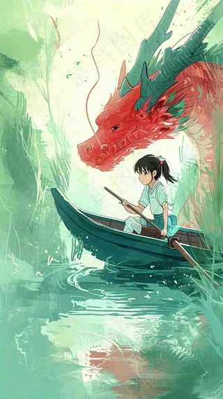 古风河面龙传统手绘插画，中国风漫画