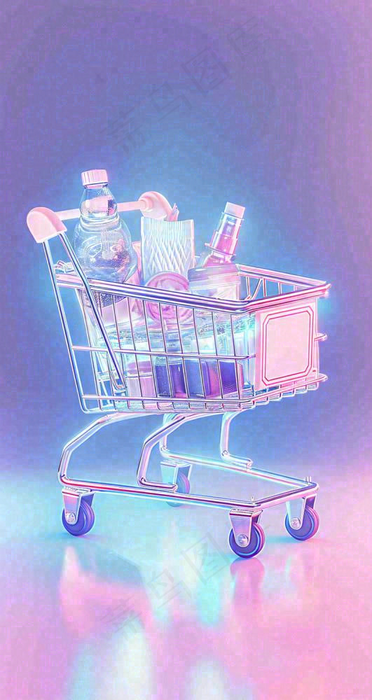 彩色奇幻渐变蓝紫粉色购物车手推车3D(800x1504)