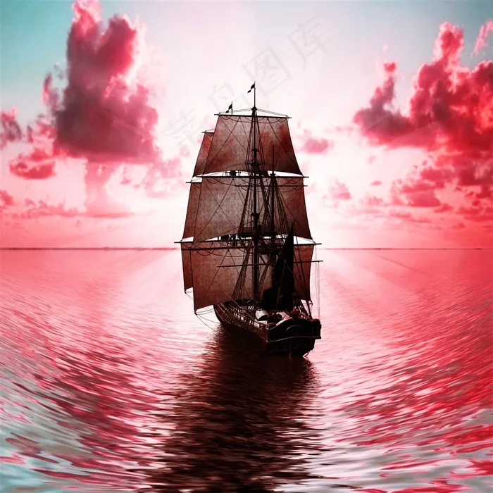 夕阳航海帆船摄影高清图片