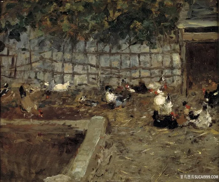 庭院公鸡家禽油画风景画