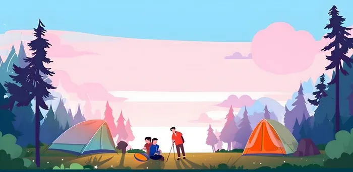 户外野外森林草原露营人们卡通插画背景(3600x1761)