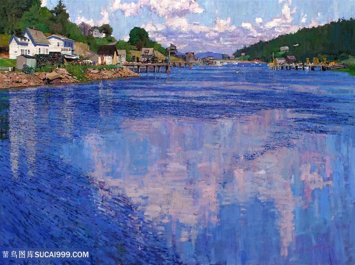 湖畔山脉高清油画风景画