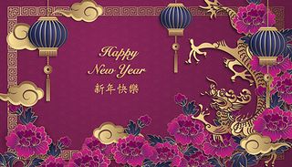 金龙花朵与祥云等春节主题矢量素材