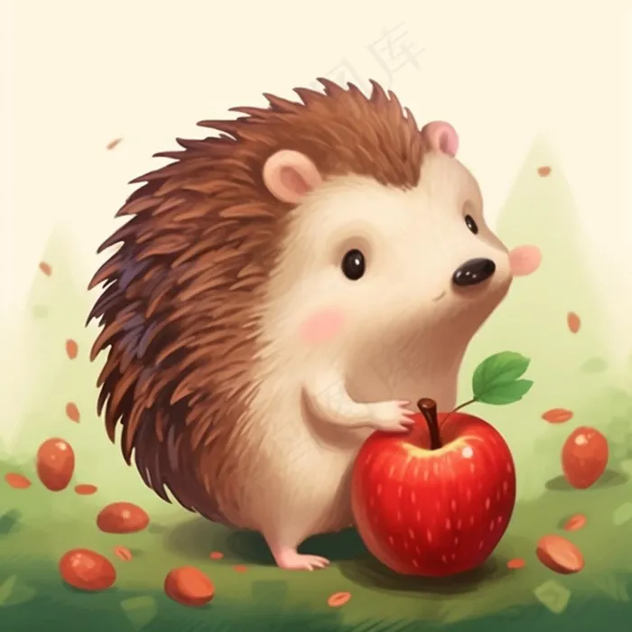 刺猬苹果觅食动物卡通插画素材(1024x1024)