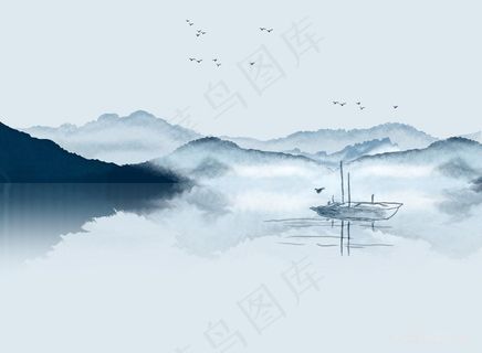 湖畔水墨山脉风景画