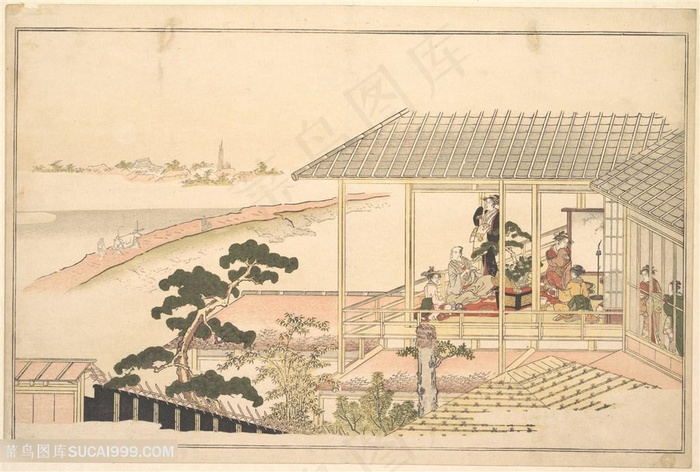 喜多川歌磨手绘庭院人物插画