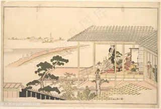 喜多川歌磨手绘庭院人物插画