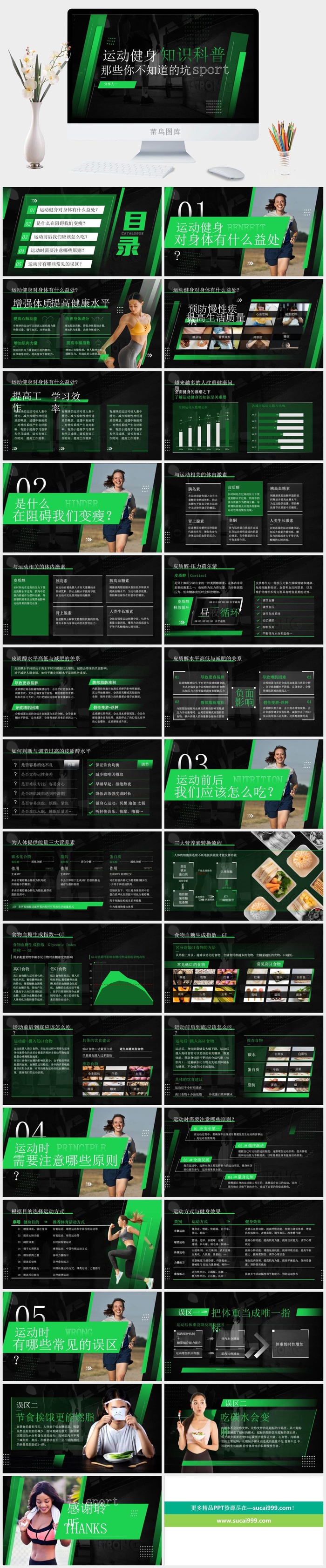 黑色绿色运动健身知识科普ppt模板