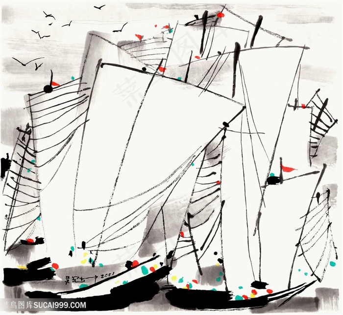 吴冠中手绘帆船挂画