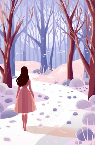 冬天下雪女孩走在森林的道路白雪紫粉色卡通插画背景
