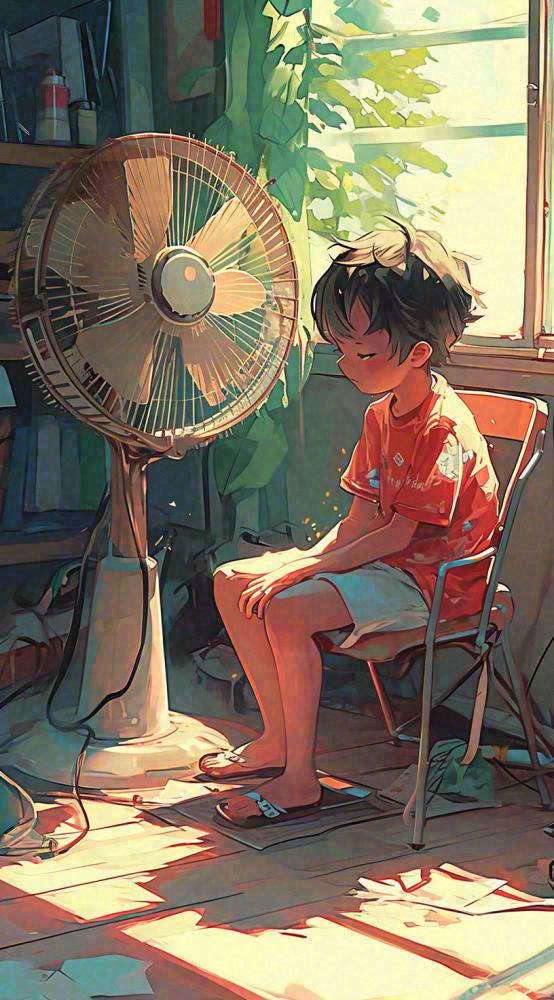 夏天夏季居家儿童吹清凉风扇，夏至小暑大暑手绘插画(816x1472)