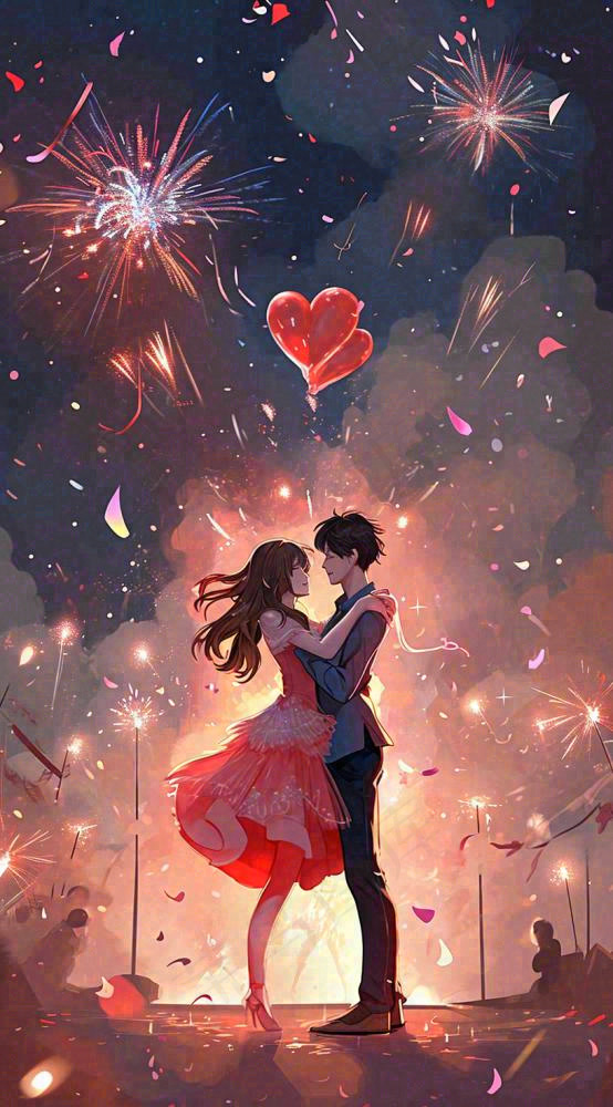 浪漫情人节爱心爱情夜晚烟花，跳舞插画(816x1472)