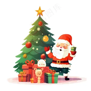 圣诞老人圣诞树礼物卡通插画免抠