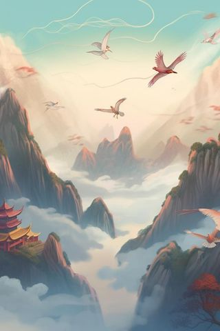 国潮仙鹤国风山脉背景