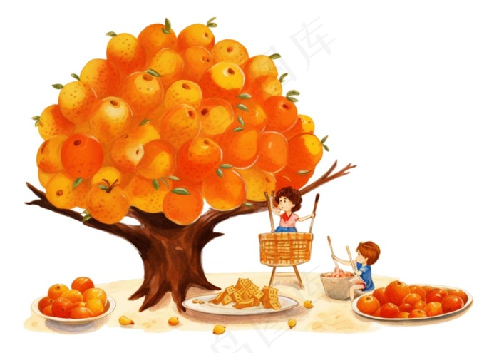 秋季爬梯摘水果的女孩橘子插画免抠(1312x928)
