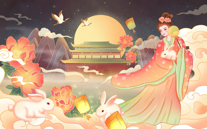 国潮风中秋节插画海报背景