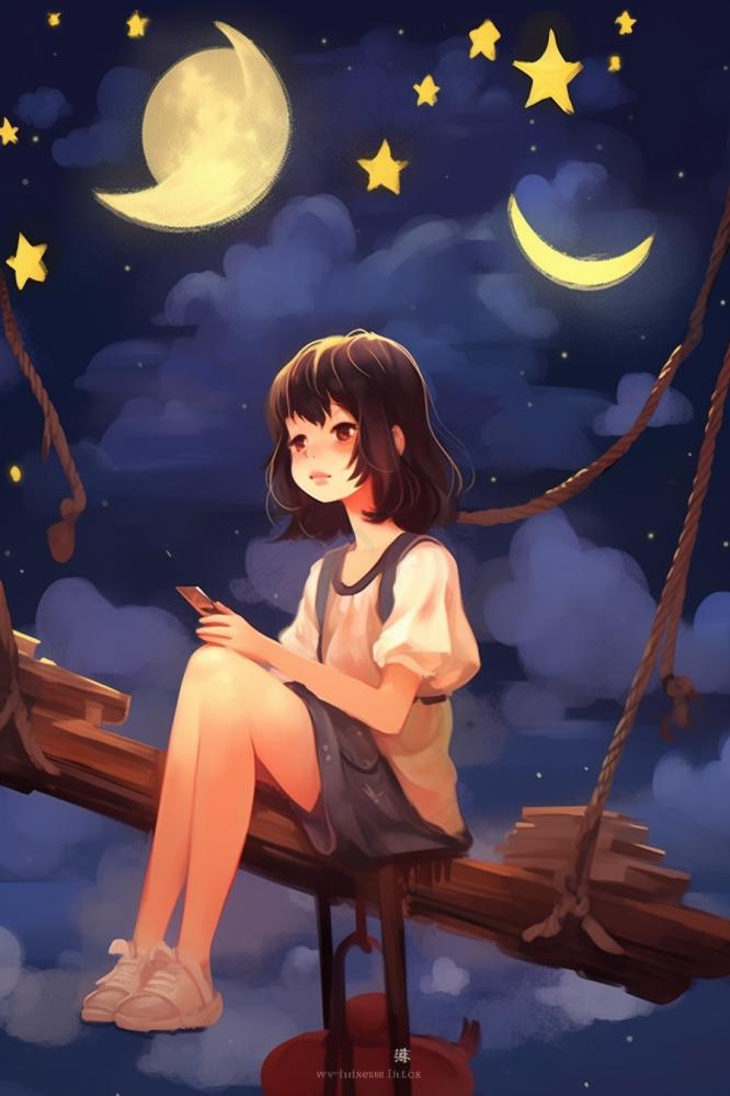中秋夜圆月女孩赏月插画背景(896x1344)